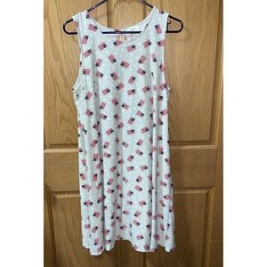 LIBERTY PARK DRESS -M-SHIFT~GRAY‎ W/AMERICAN FLAGS~SLEEVELESS~STRETCH